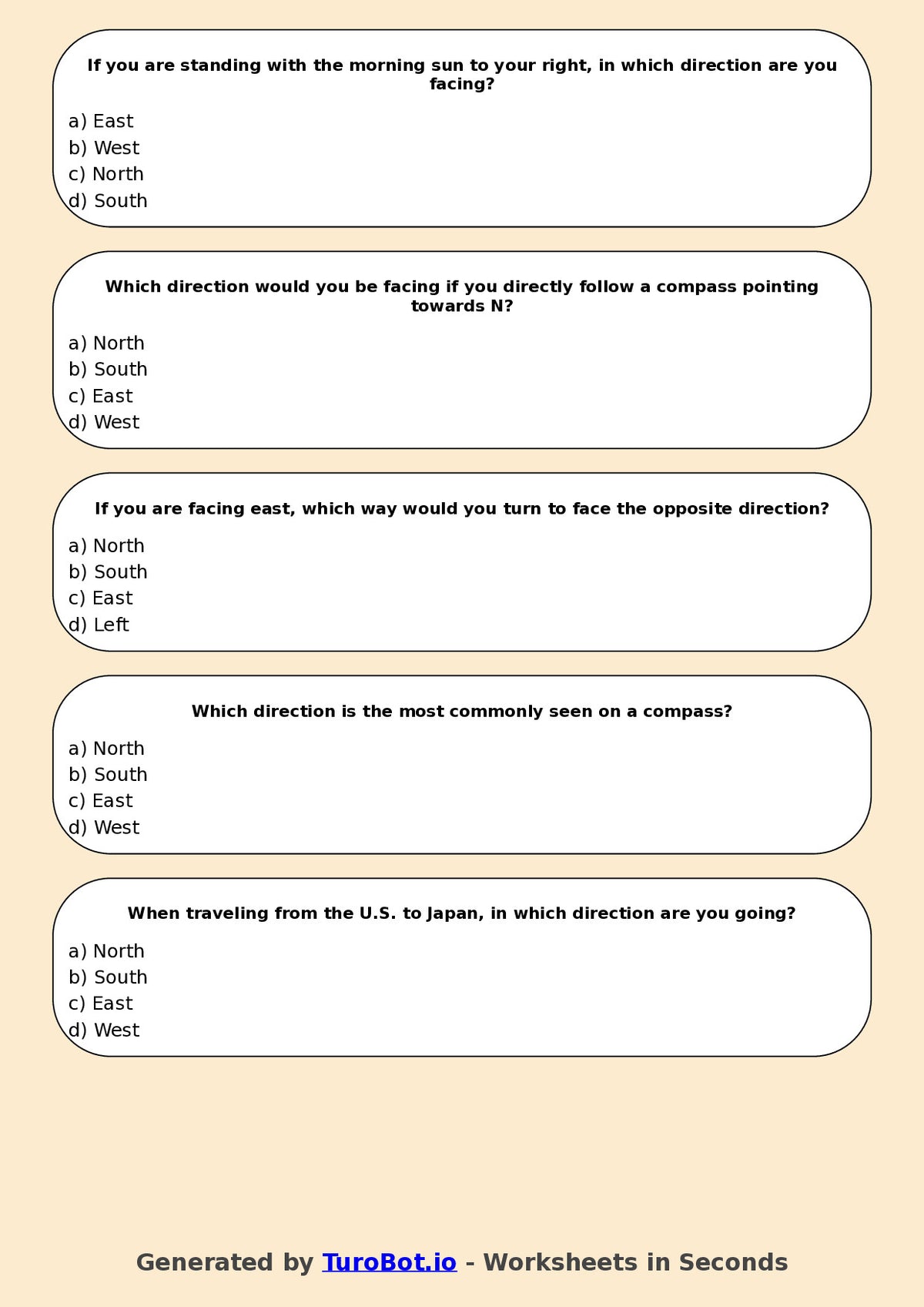 Year 5 Geography Multiple Choice Worksheet – Using Compass Directions