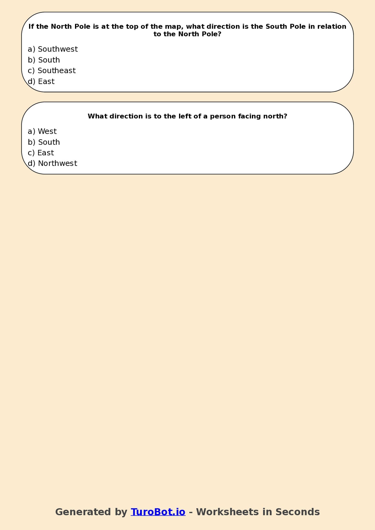 Year 5 Geography Multiple Choice Worksheet – Using Compass Directions