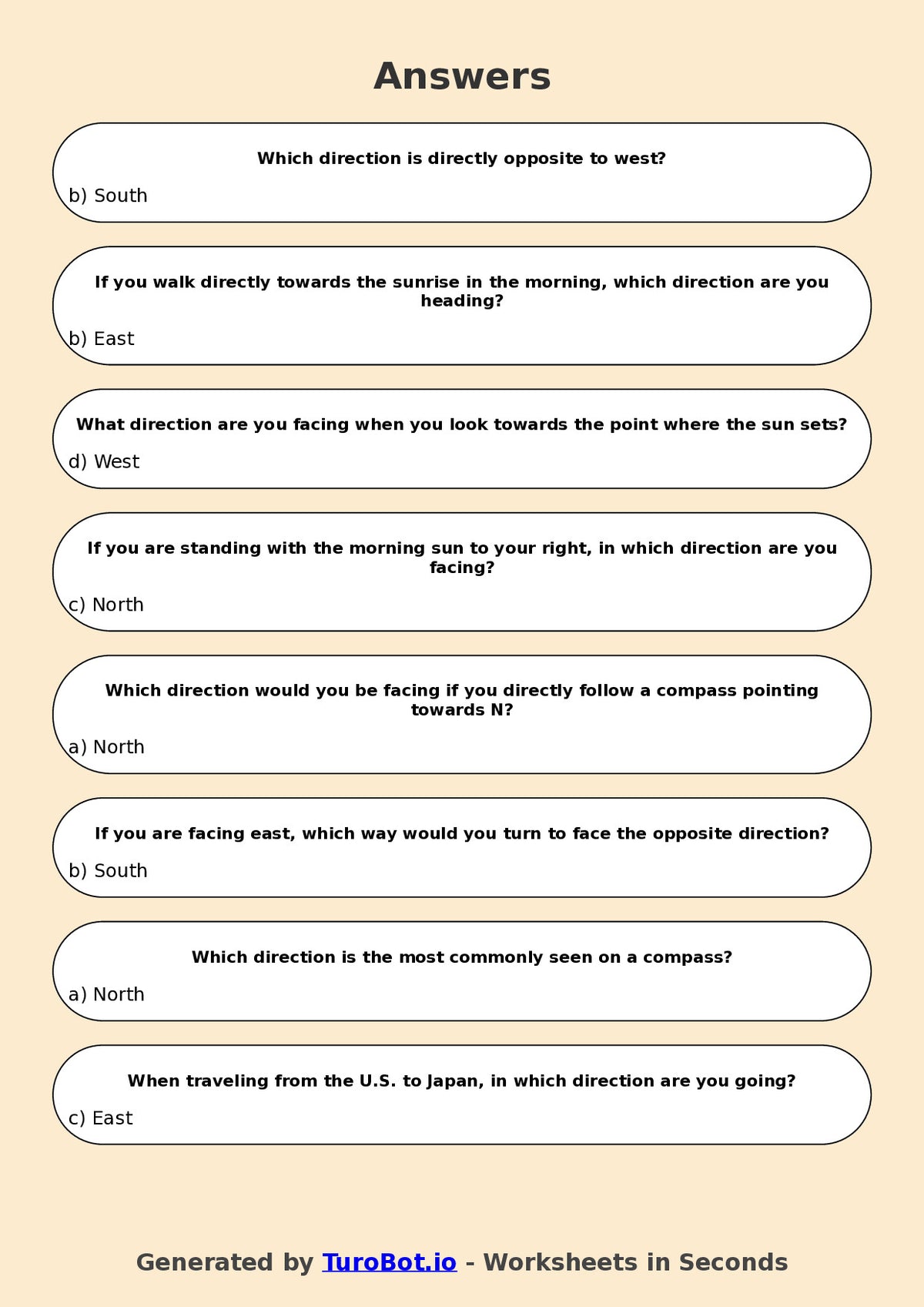 Year 5 Geography Multiple Choice Worksheet – Using Compass Directions