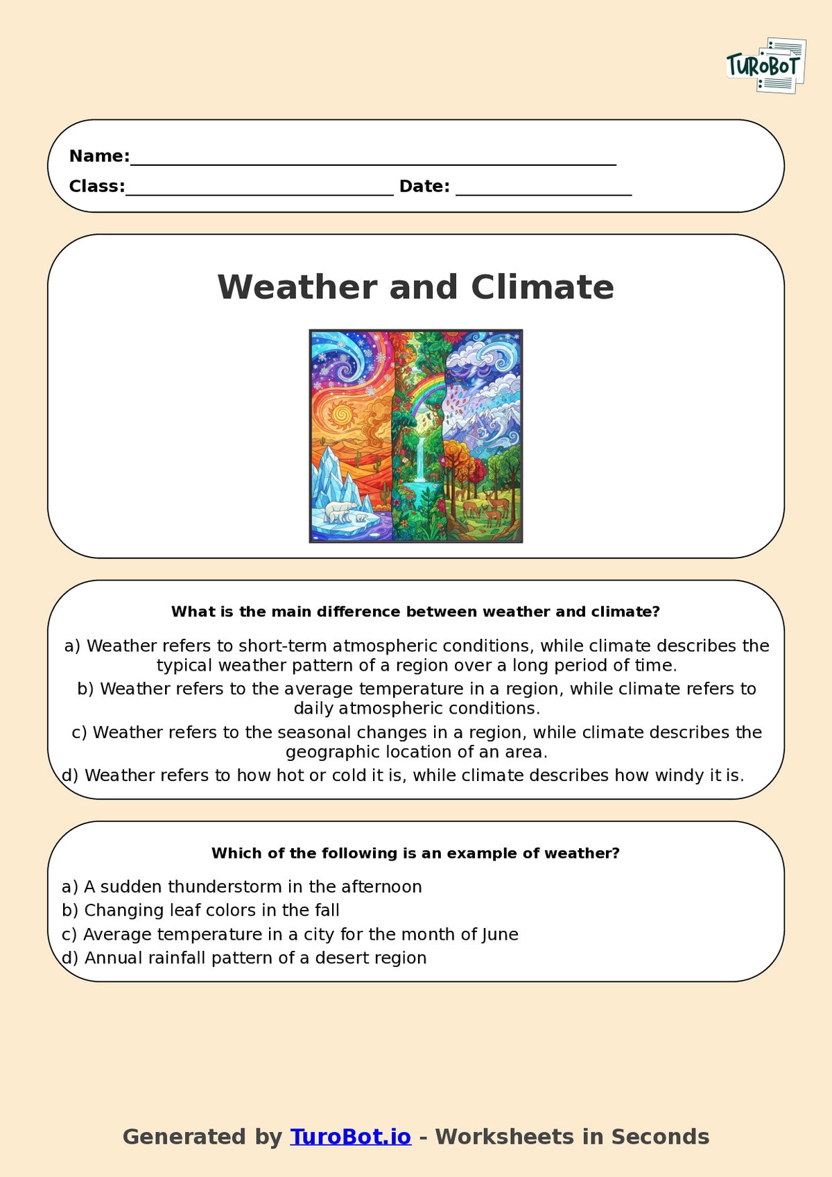 Year 5 Geography Multiple Choice Worksheet – Weather and Climate Differences