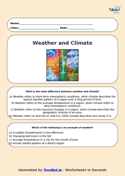 Year 5 Geography Multiple Choice Worksheet – Weather and Climate Differences