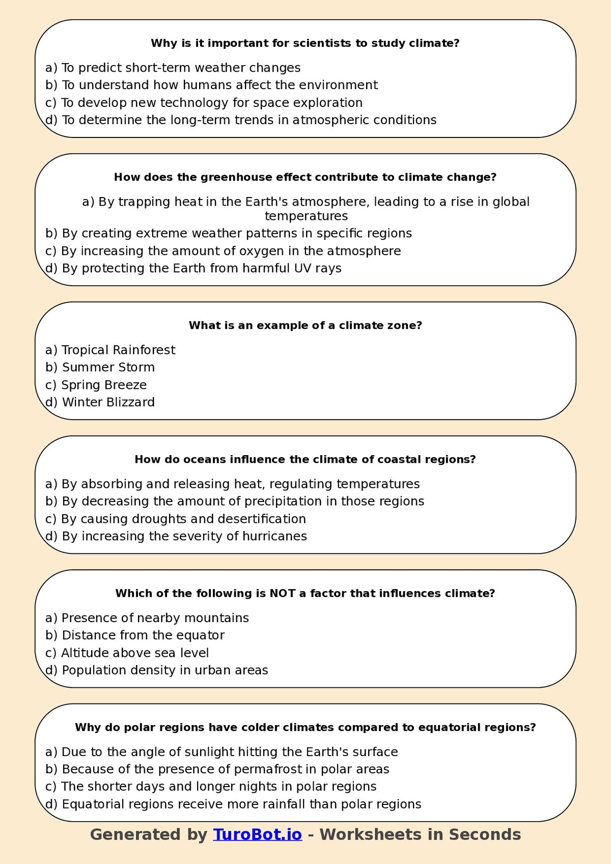 Year 5 Geography Multiple Choice Worksheet – Weather and Climate Differences