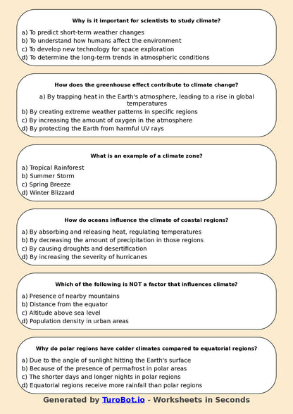 Year 5 Geography Multiple Choice Worksheet – Weather and Climate Differences