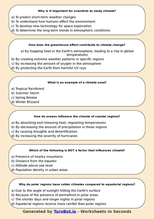 Year 5 Geography Multiple Choice Worksheet – Weather and Climate Differences