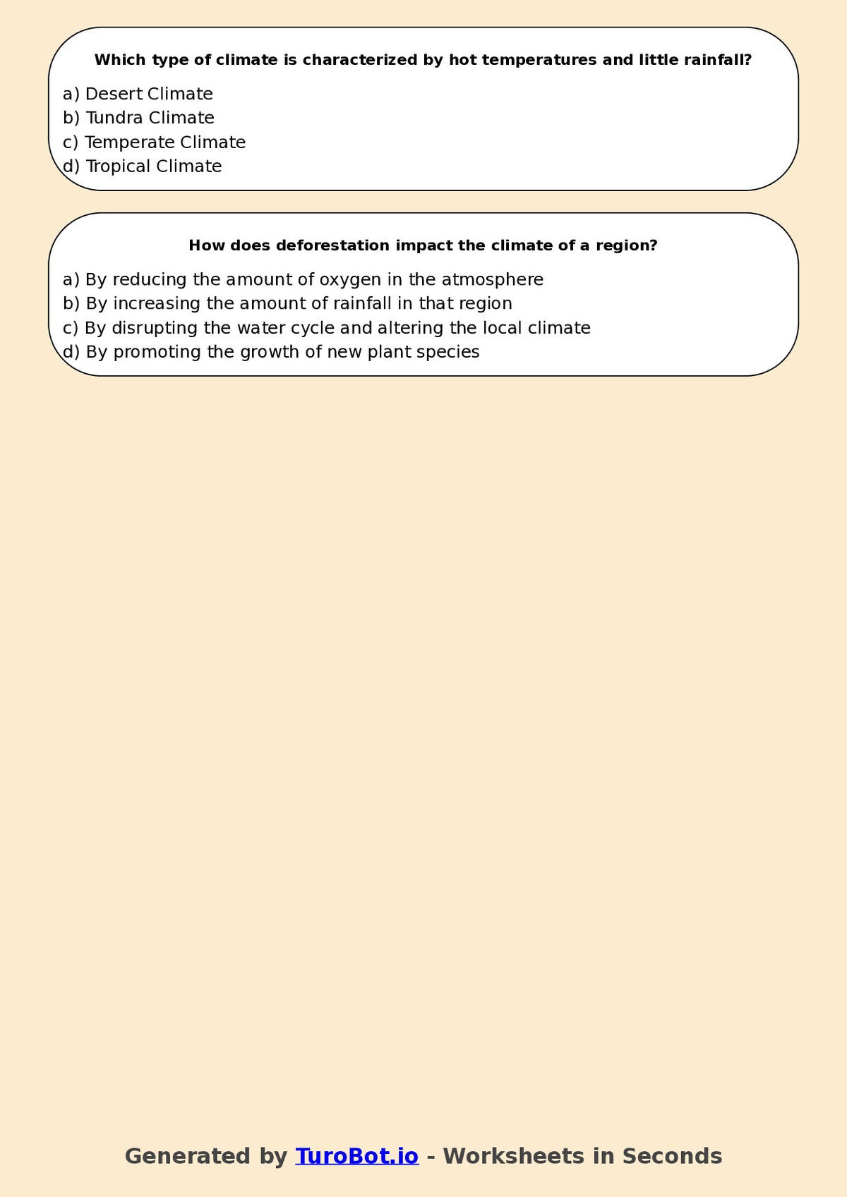 Year 5 Geography Multiple Choice Worksheet – Weather and Climate Differences
