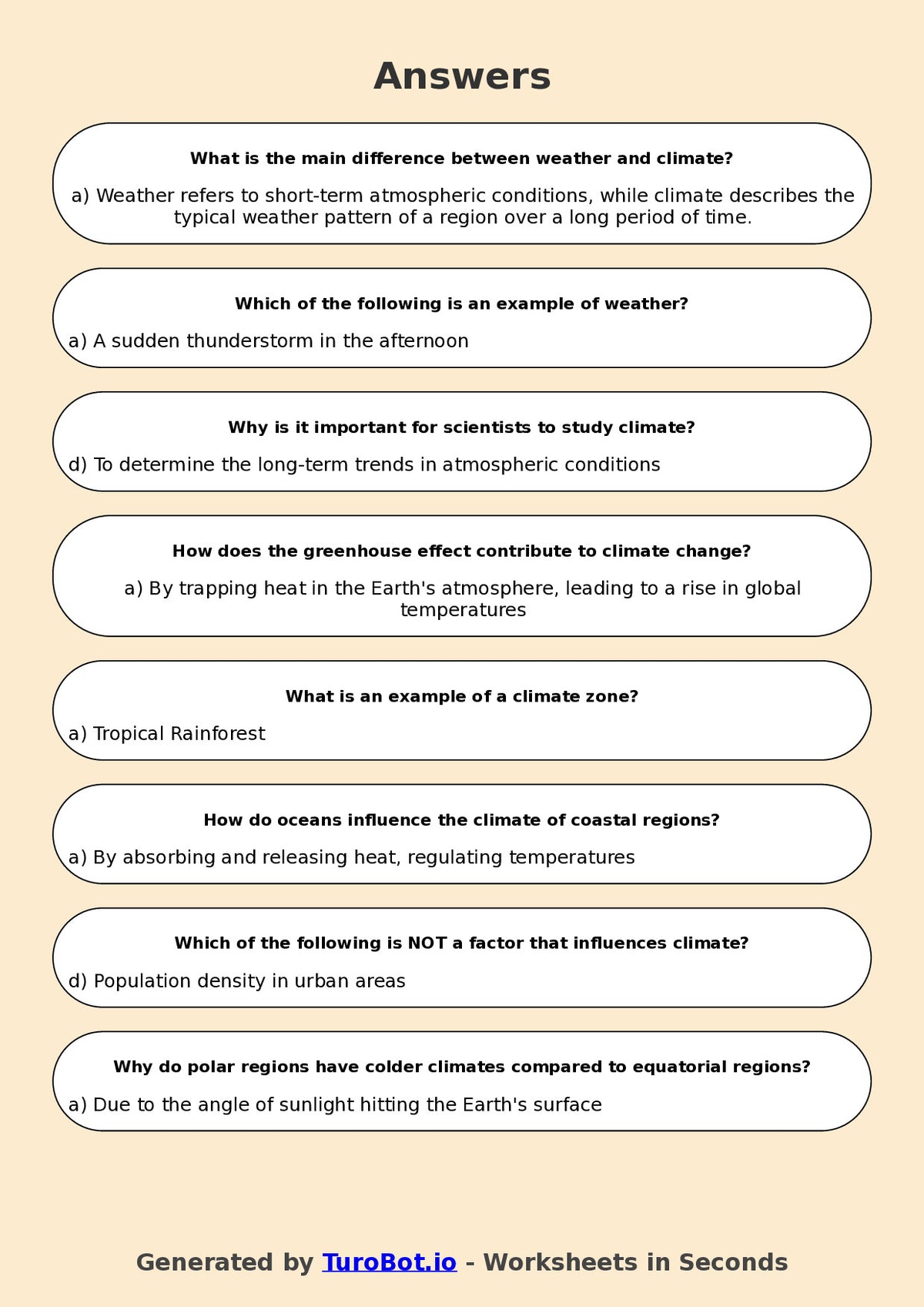 Year 5 Geography Multiple Choice Worksheet – Weather and Climate Differences
