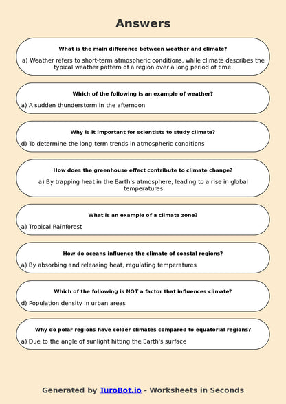 Year 5 Geography Multiple Choice Worksheet – Weather and Climate Differences