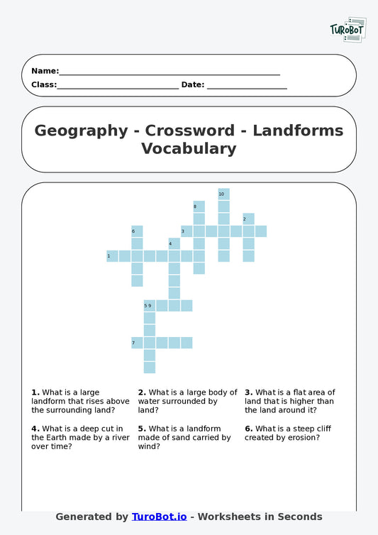 Year 6 Geography Crossword Worksheet – Landforms Vocabulary