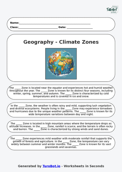 Year 6 Geography Fill in the Blanks Worksheet – Climate Zones