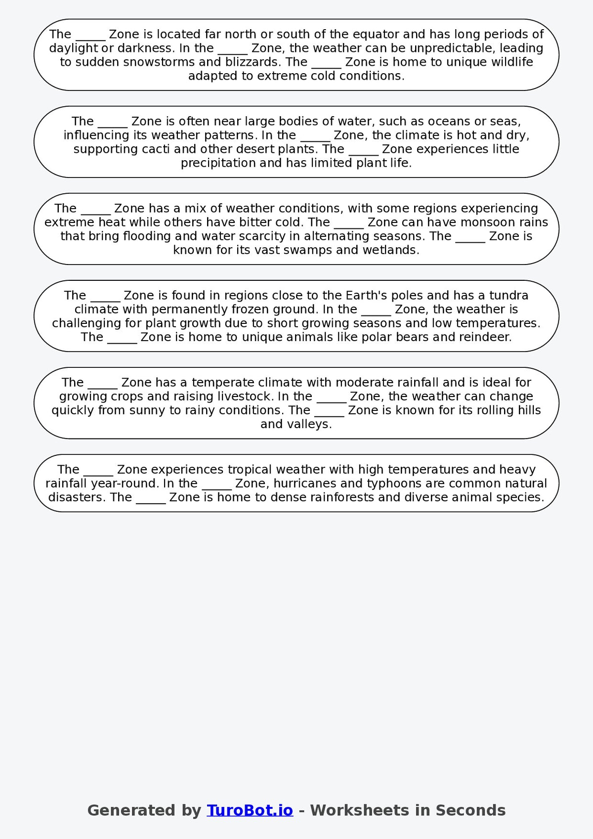 Year 6 Geography Fill in the Blanks Worksheet – Climate Zones