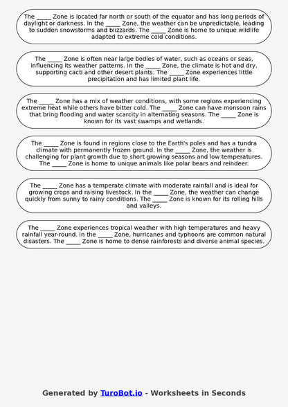 Year 6 Geography Fill in the Blanks Worksheet – Climate Zones