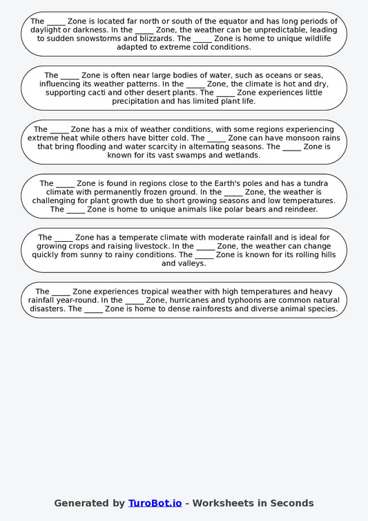 Year 6 Geography Fill in the Blanks Worksheet – Climate Zones