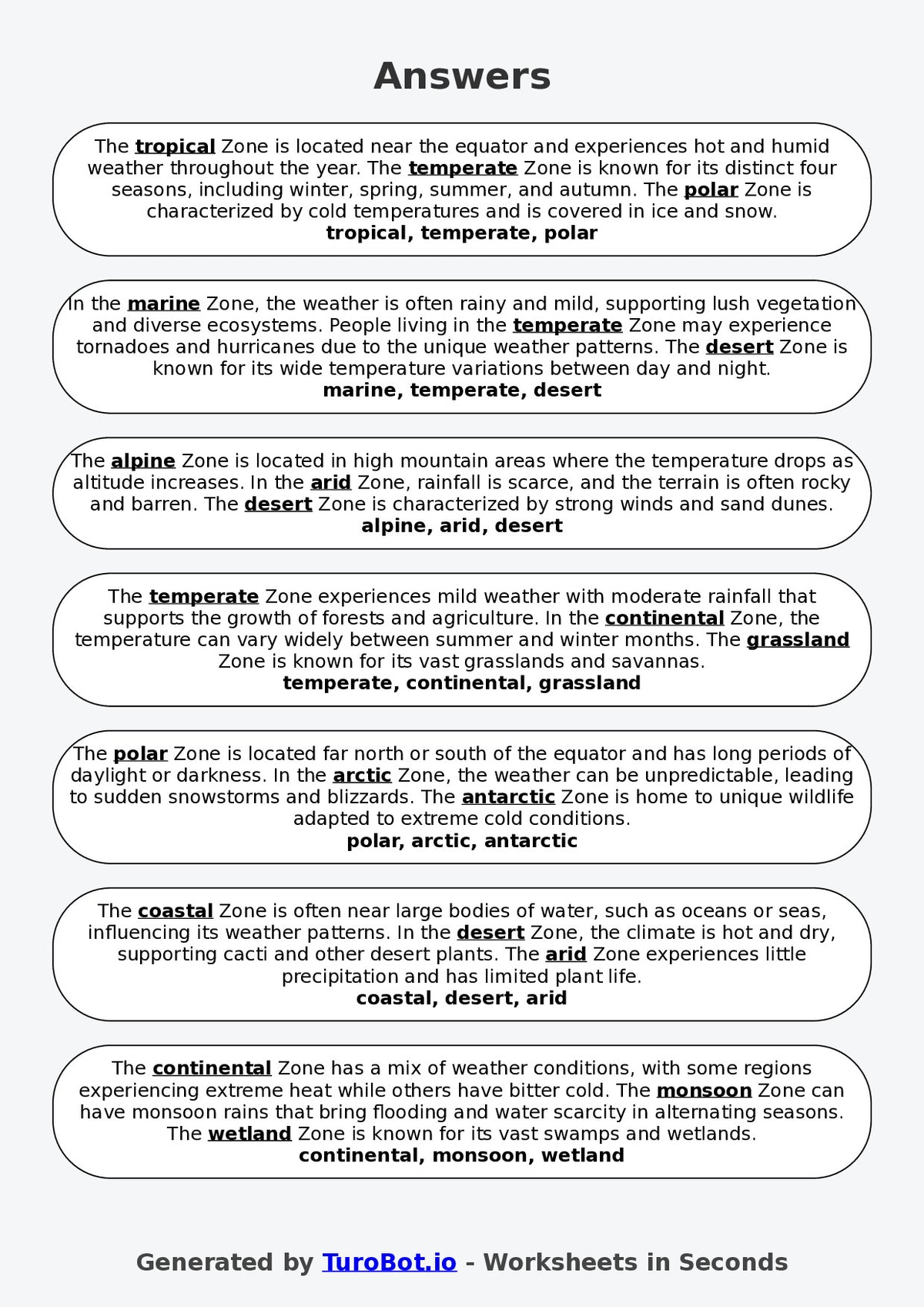 Year 6 Geography Fill in the Blanks Worksheet – Climate Zones