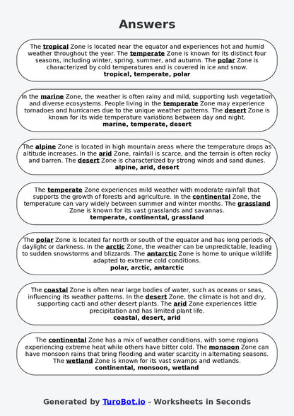 Year 6 Geography Fill in the Blanks Worksheet – Climate Zones