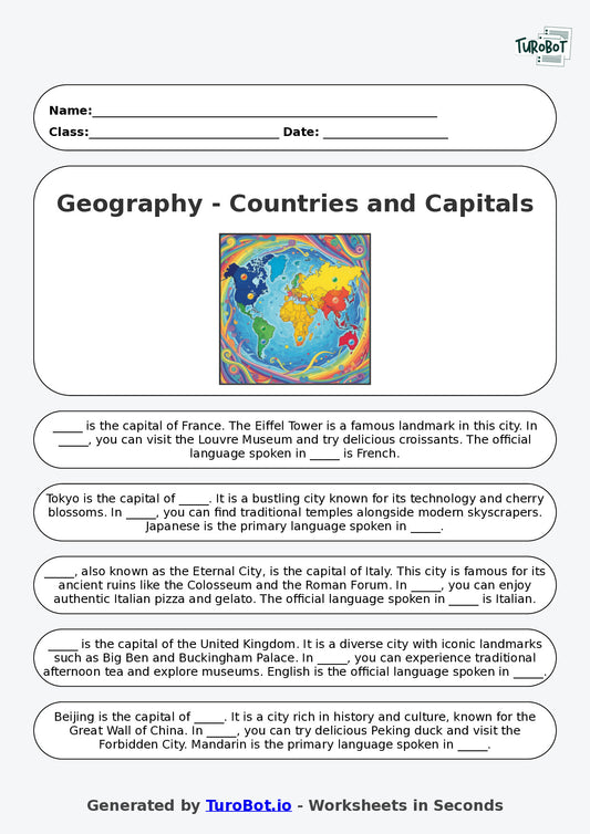 Year 6 Geography Fill in the Blanks Worksheet – Countries and Capitals