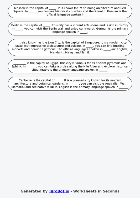 Year 6 Geography Fill in the Blanks Worksheet – Countries and Capitals
