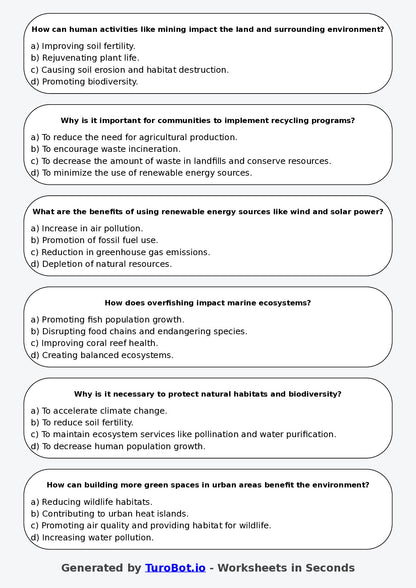 Year 6 Geography Multiple Choice Worksheet – Human Impact on Environments