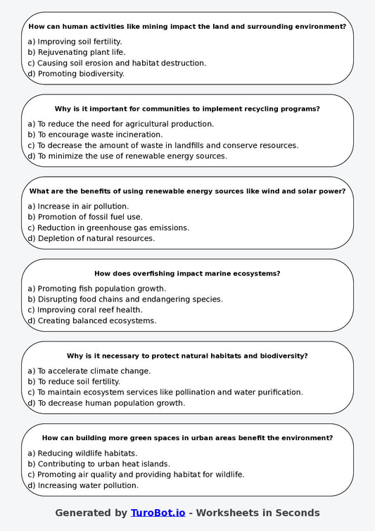 Year 6 Geography Multiple Choice Worksheet – Human Impact on Environments