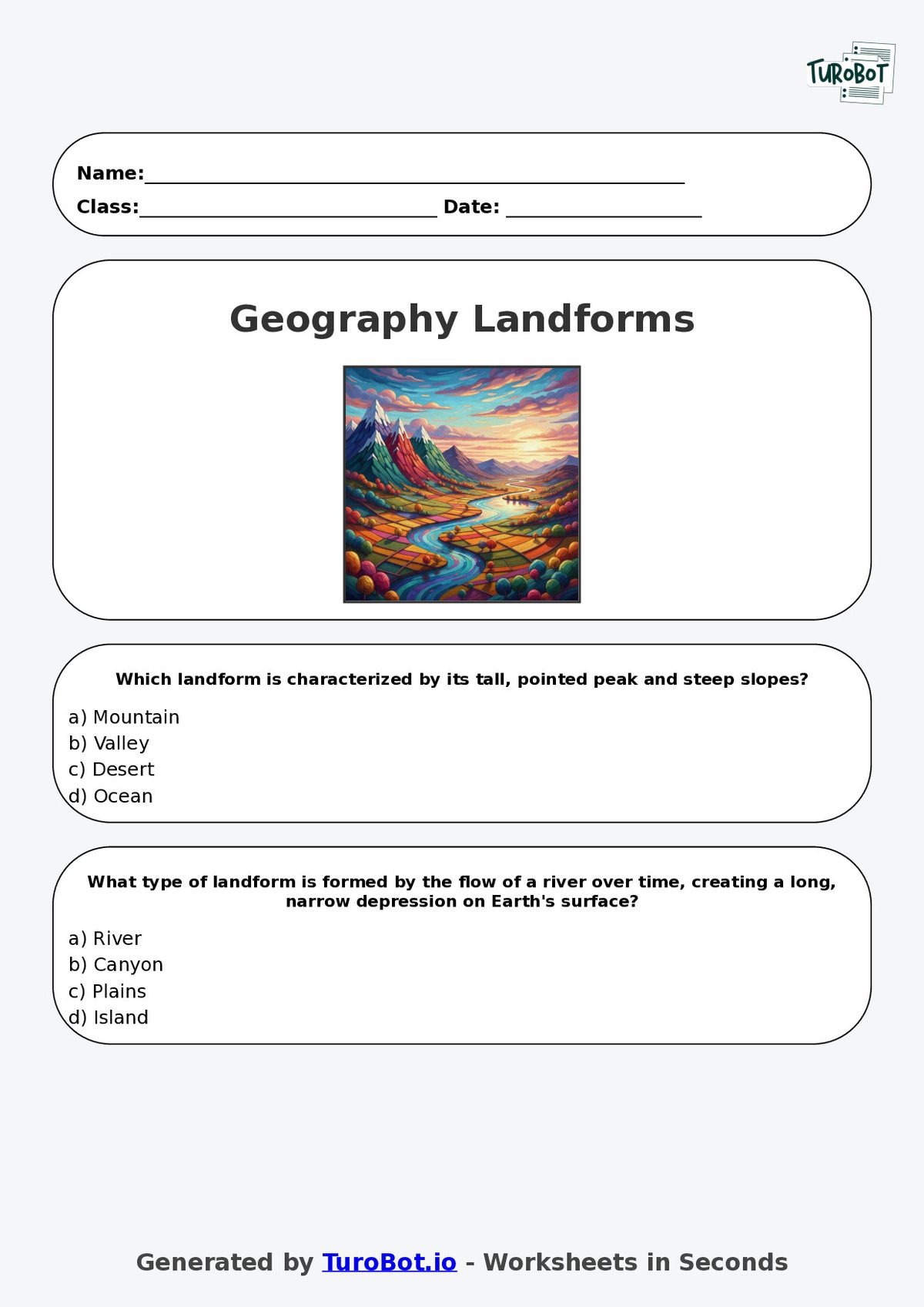 Year 6 Geography Multiple Choice Worksheet – Landforms and Landscapes