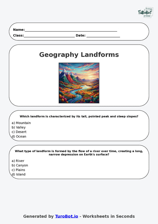 Year 6 Geography Multiple Choice Worksheet – Landforms and Landscapes