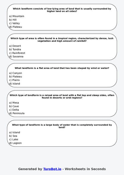 Year 6 Geography Multiple Choice Worksheet – Landforms and Landscapes