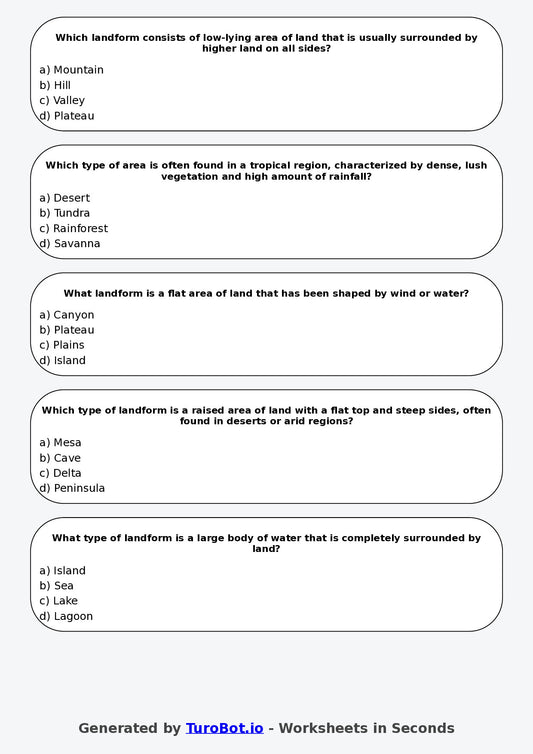 Year 6 Geography Multiple Choice Worksheet – Landforms and Landscapes