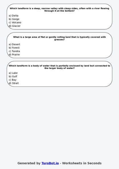 Year 6 Geography Multiple Choice Worksheet – Landforms and Landscapes