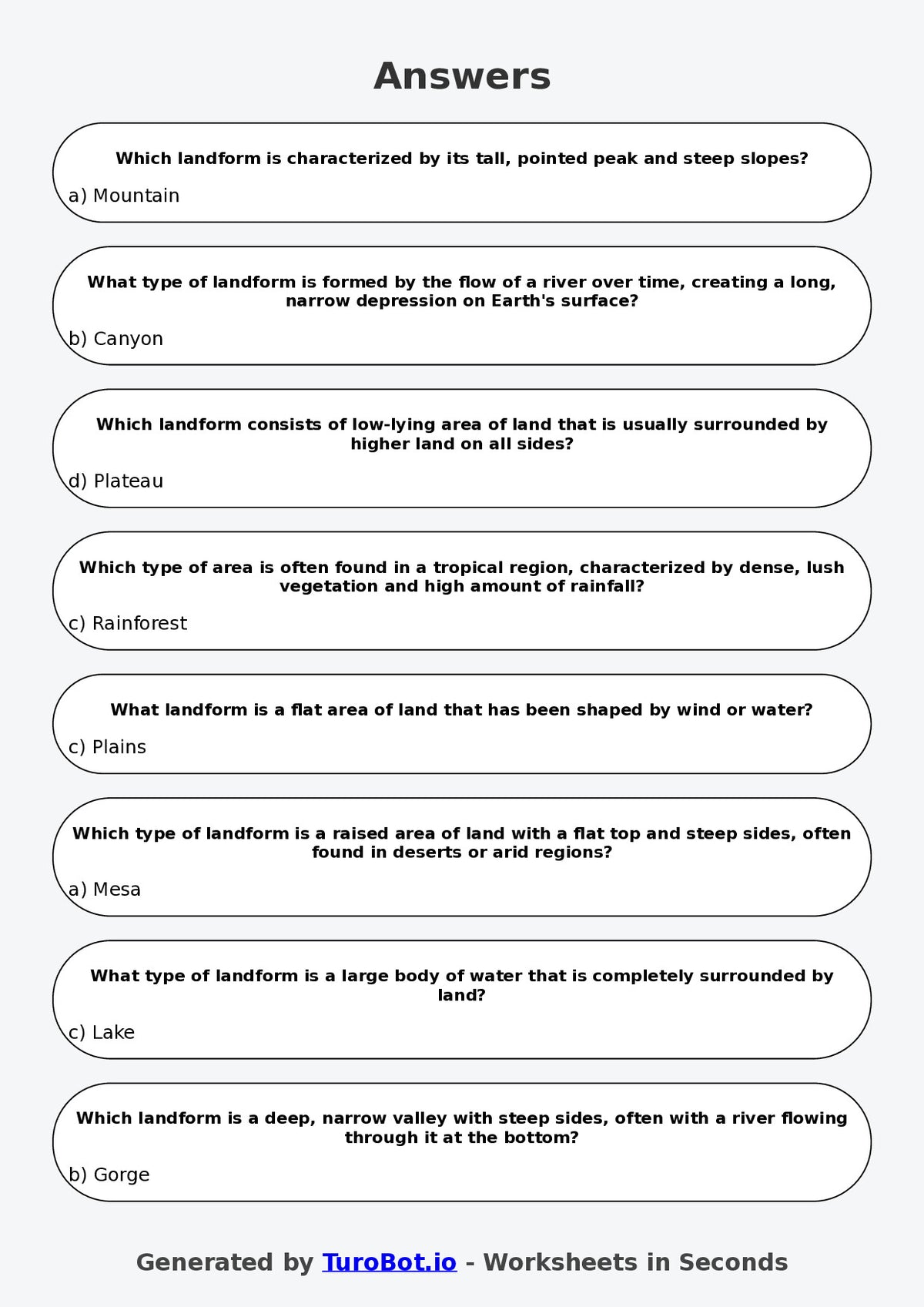 Year 6 Geography Multiple Choice Worksheet – Landforms and Landscapes