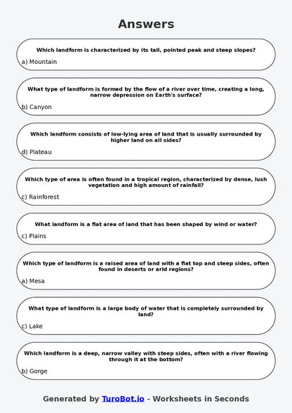 Year 6 Geography Multiple Choice Worksheet – Landforms and Landscapes