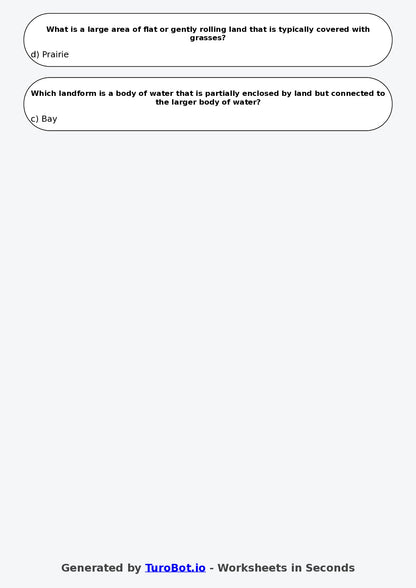 Year 6 Geography Multiple Choice Worksheet – Landforms and Landscapes