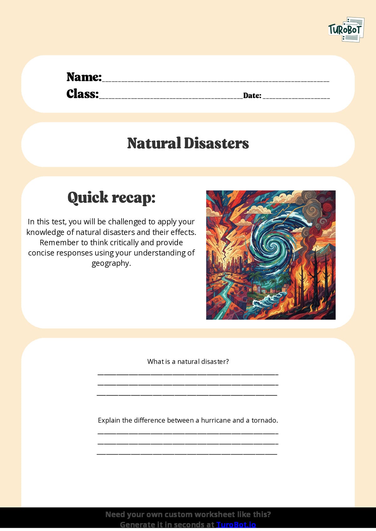 Free Worksheet - Year 6 Geography Natural Disasters and Their Effects Short Answer Response