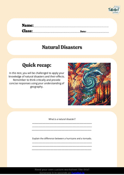 Free Worksheet - Year 6 Geography Natural Disasters and Their Effects Short Answer Response
