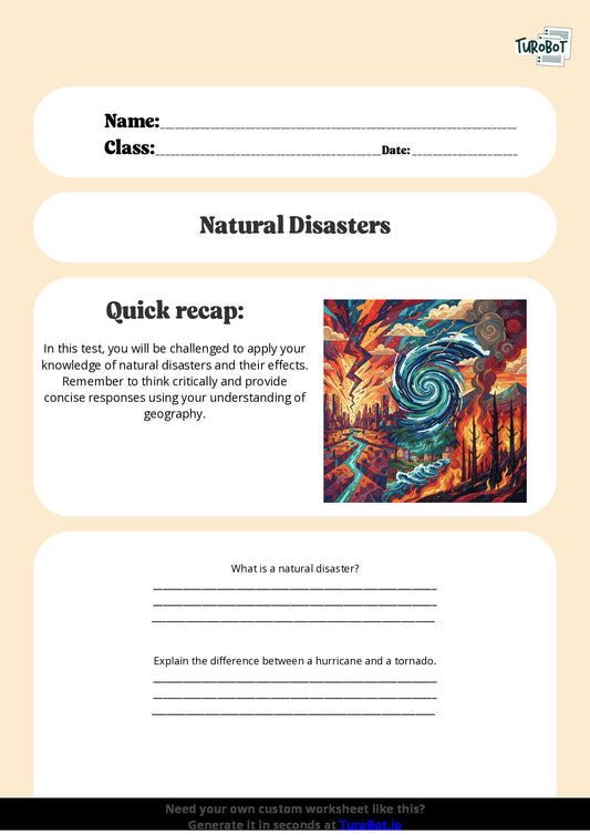 Free Worksheet - Year 6 Geography Natural Disasters and Their Effects Short Answer Response