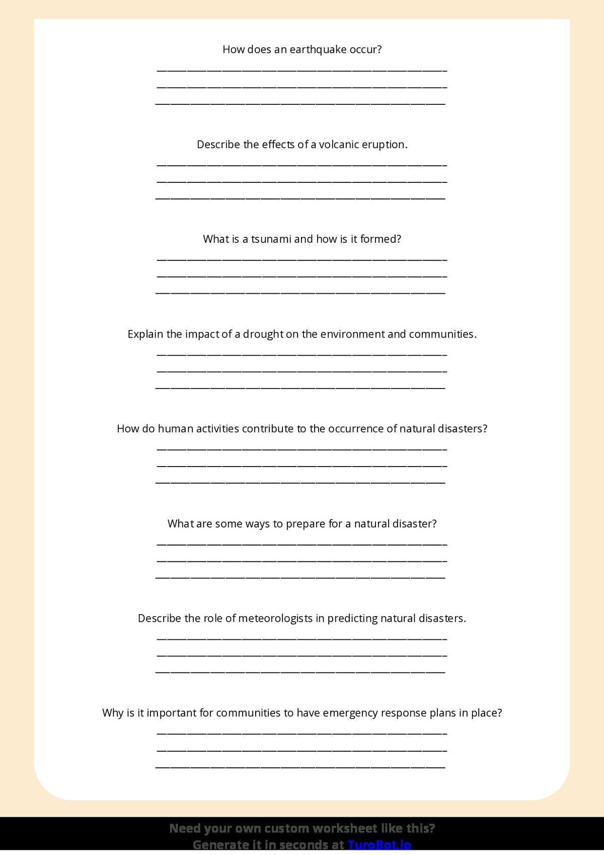 Free Worksheet - Year 6 Geography Natural Disasters and Their Effects Short Answer Response