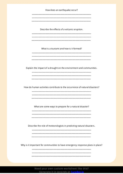 Free Worksheet - Year 6 Geography Natural Disasters and Their Effects Short Answer Response