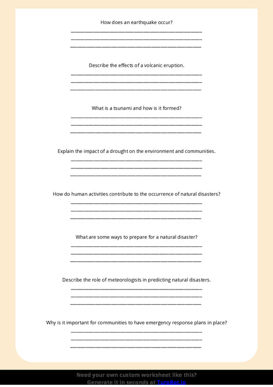 Free Worksheet - Year 6 Geography Natural Disasters and Their Effects Short Answer Response