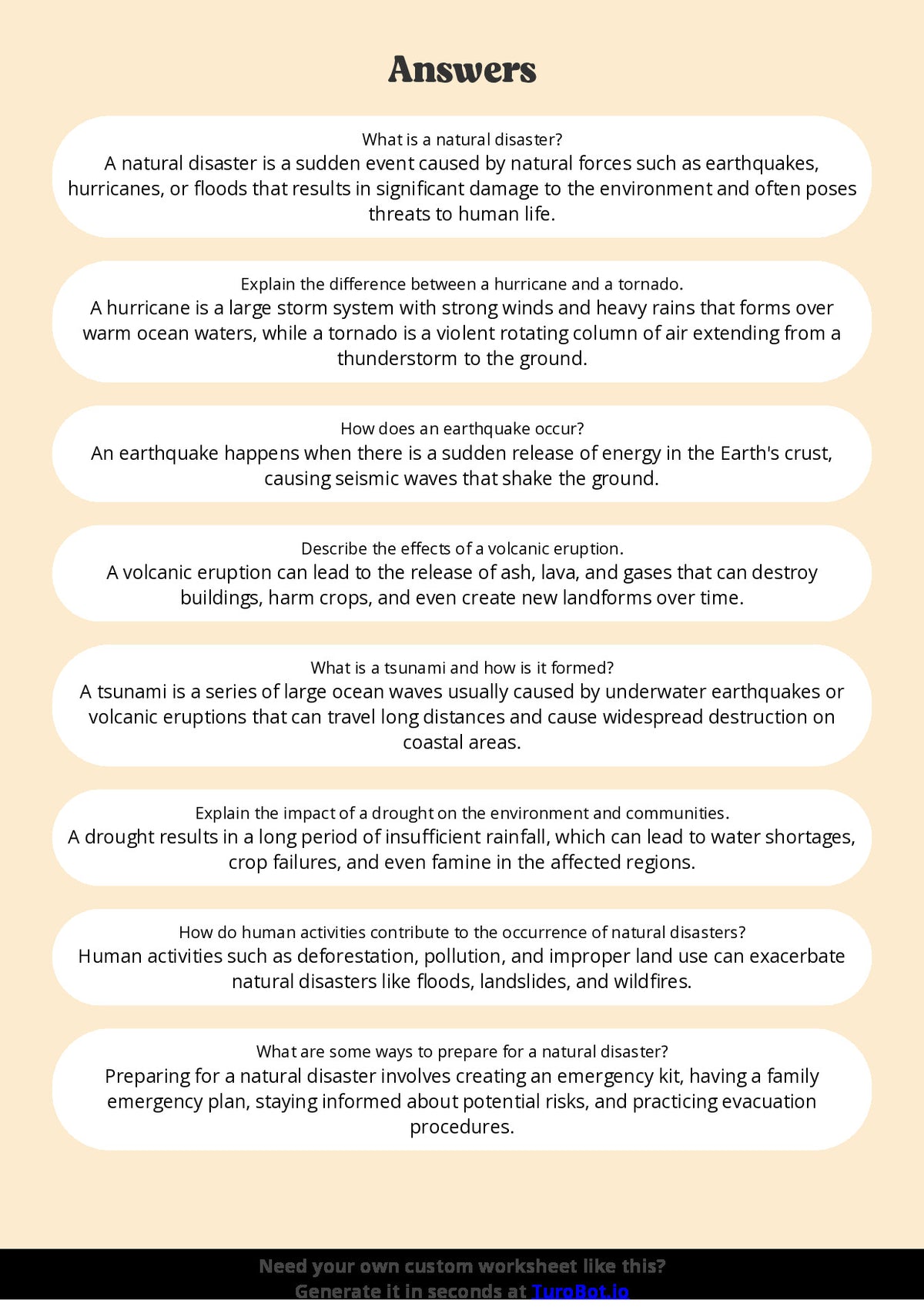 Free Worksheet - Year 6 Geography Natural Disasters and Their Effects Short Answer Response