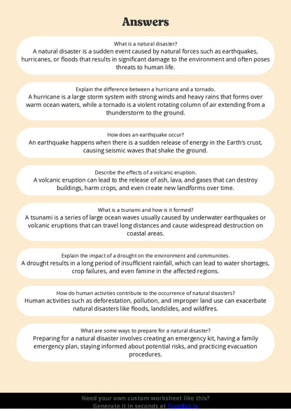 Free Worksheet - Year 6 Geography Natural Disasters and Their Effects Short Answer Response