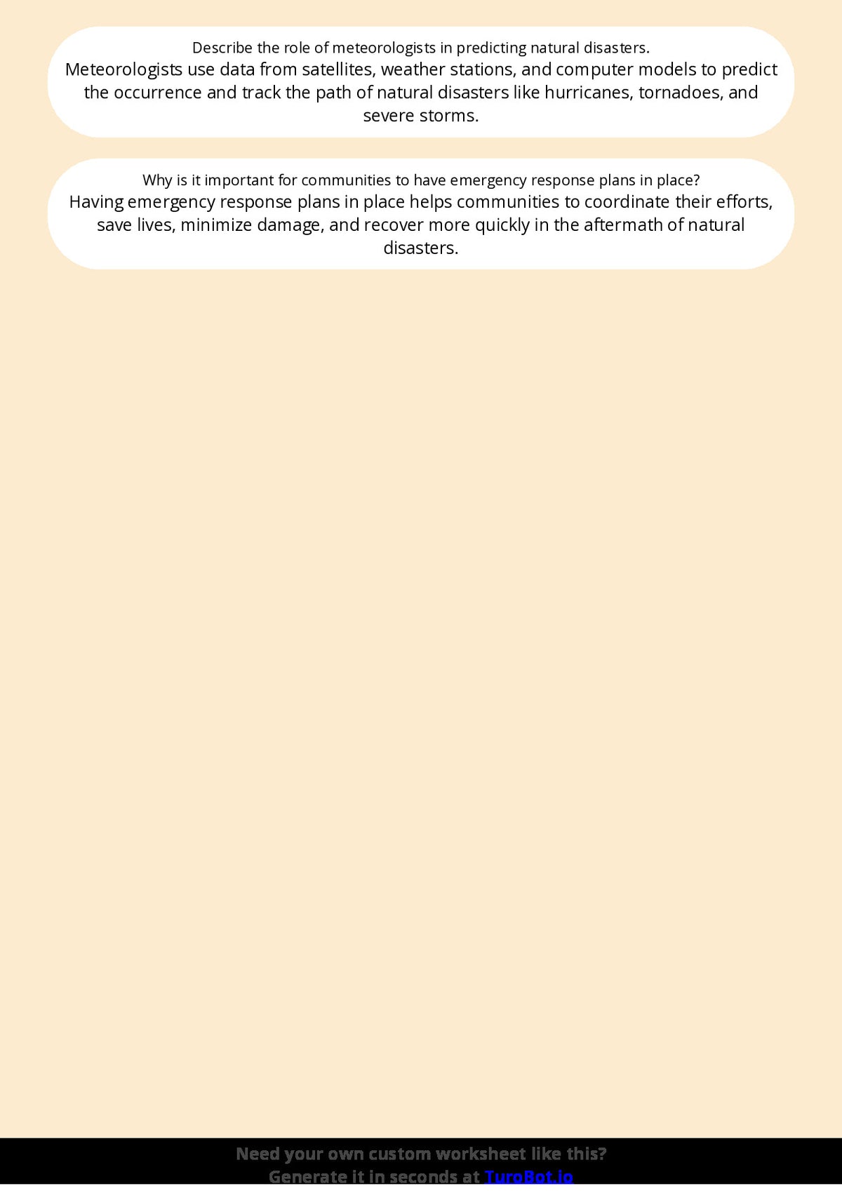 Free Worksheet - Year 6 Geography Natural Disasters and Their Effects Short Answer Response