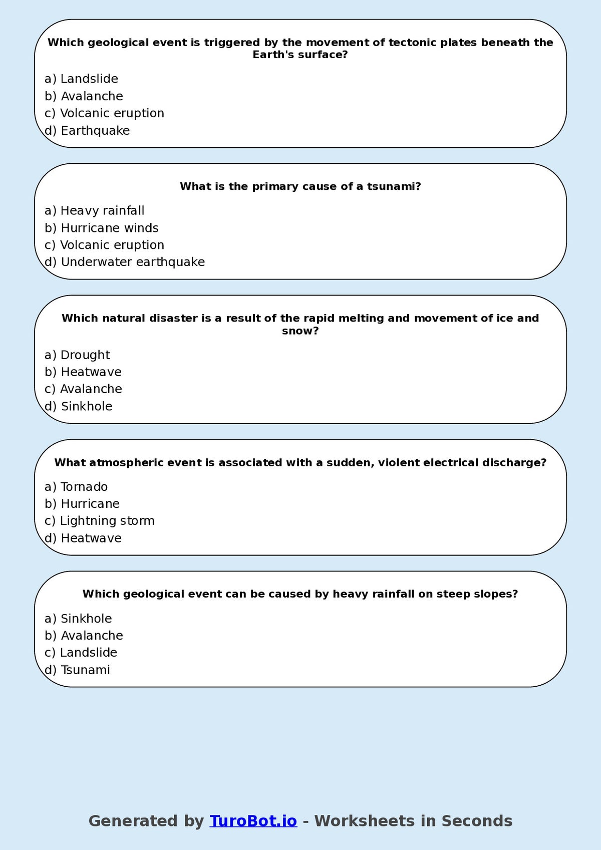 Year 7 Geography Multiple Choice Worksheet – Natural Disasters Overview