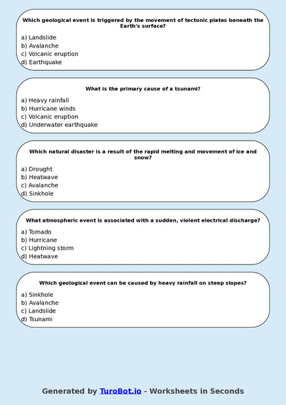 Year 7 Geography Multiple Choice Worksheet – Natural Disasters Overview