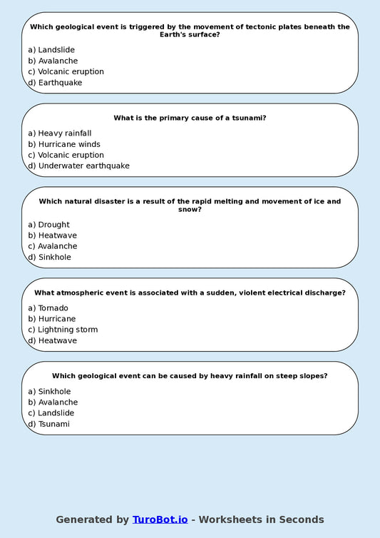 Year 7 Geography Multiple Choice Worksheet – Natural Disasters Overview