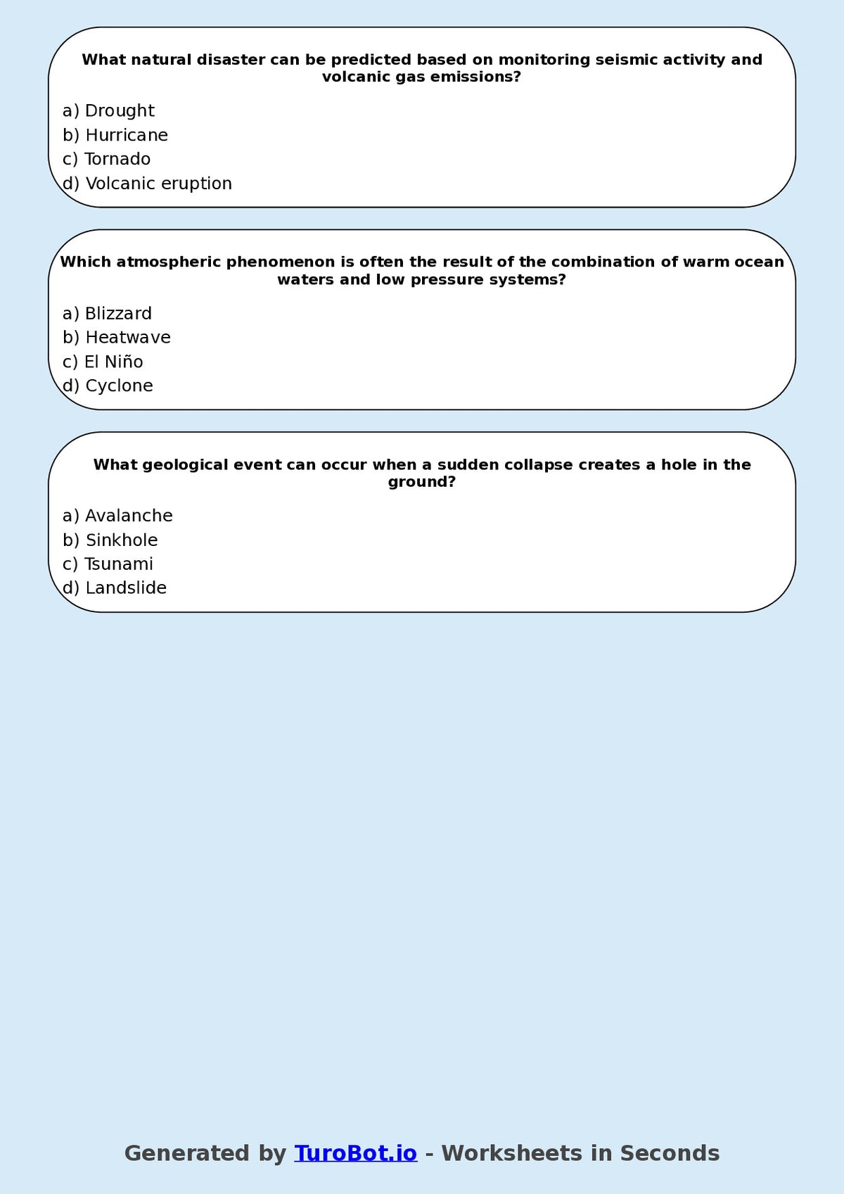 Year 7 Geography Multiple Choice Worksheet – Natural Disasters Overview
