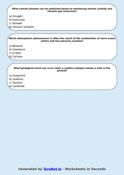 Year 7 Geography Multiple Choice Worksheet – Natural Disasters Overview