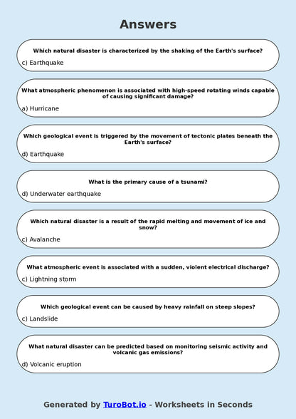 Year 7 Geography Multiple Choice Worksheet – Natural Disasters Overview