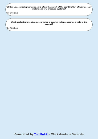 Year 7 Geography Multiple Choice Worksheet – Natural Disasters Overview