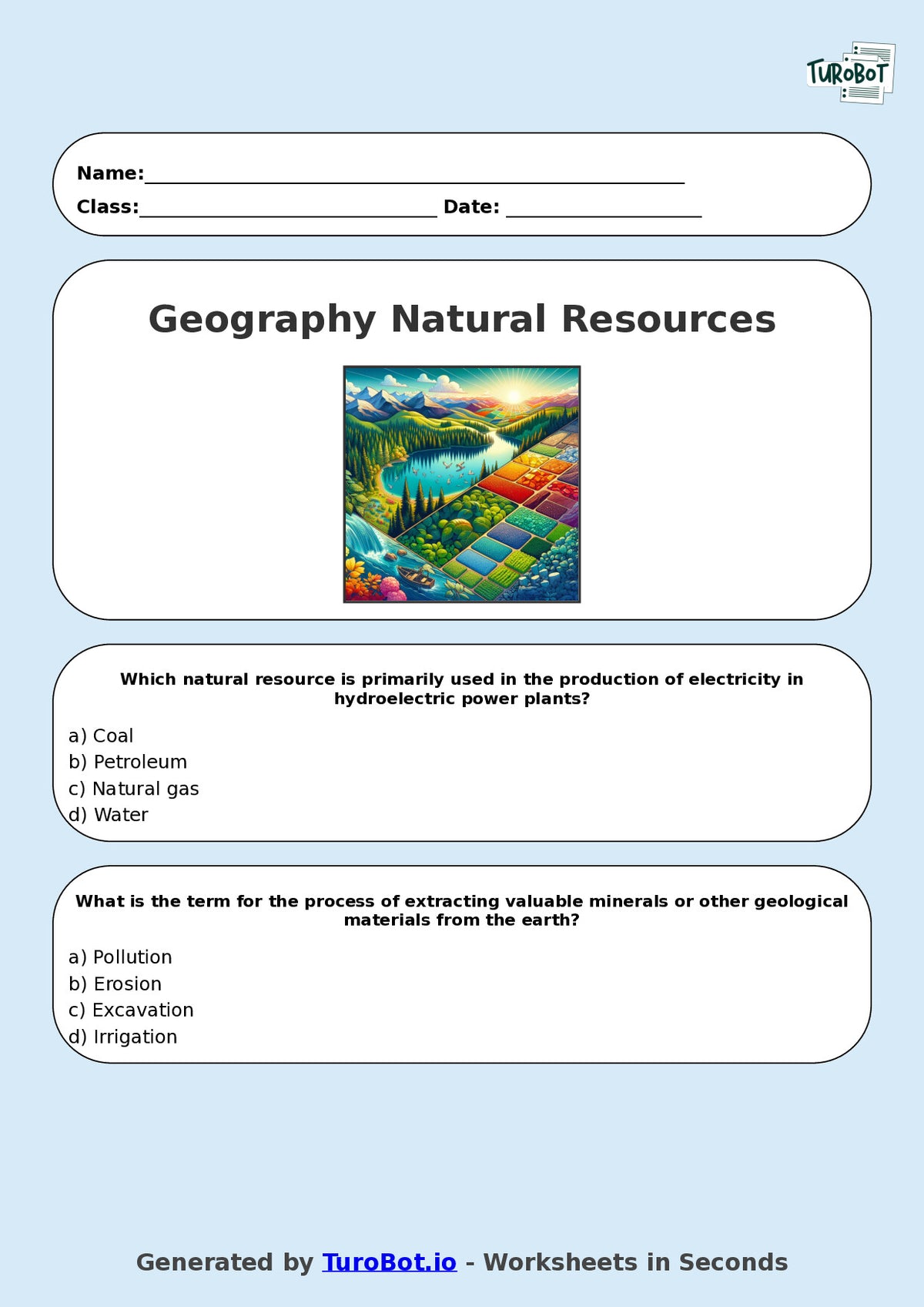 Year 7 Geography Multiple Choice Worksheet – Natural Resources