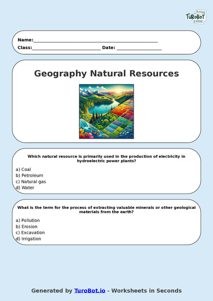 Year 7 Geography Multiple Choice Worksheet – Natural Resources