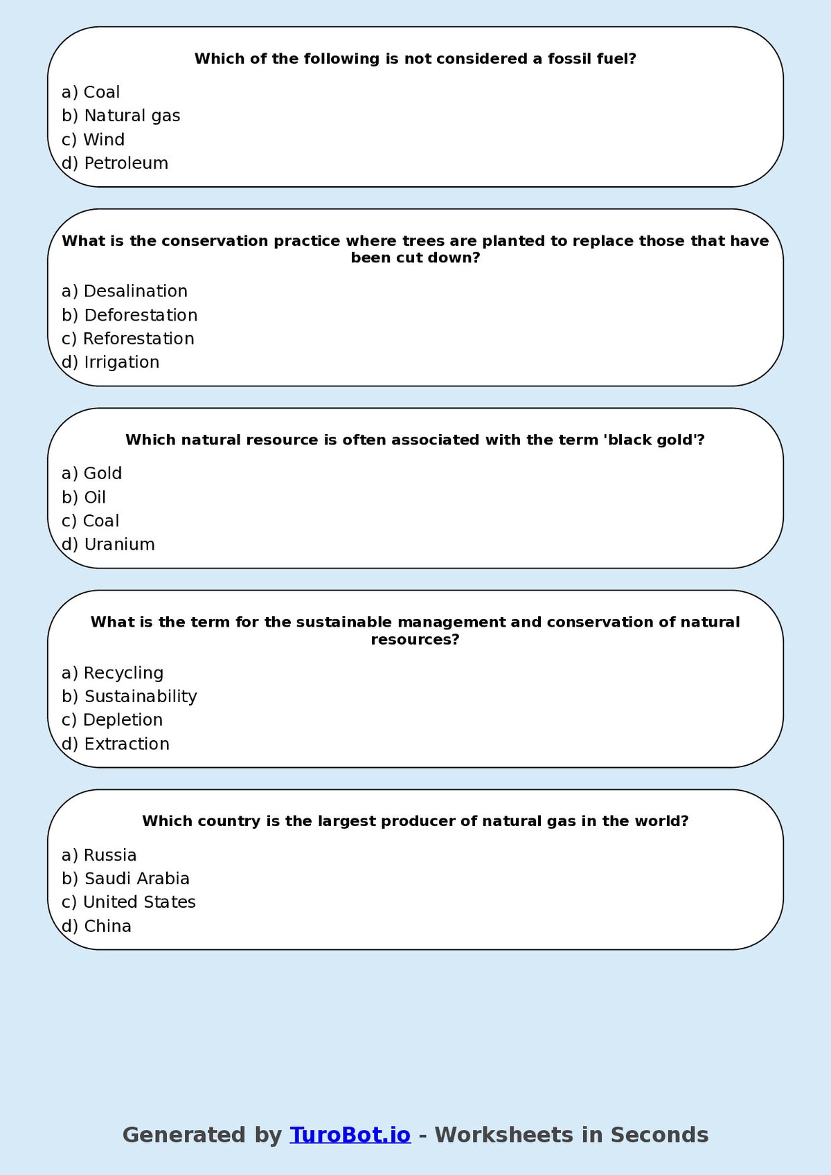 Year 7 Geography Multiple Choice Worksheet – Natural Resources