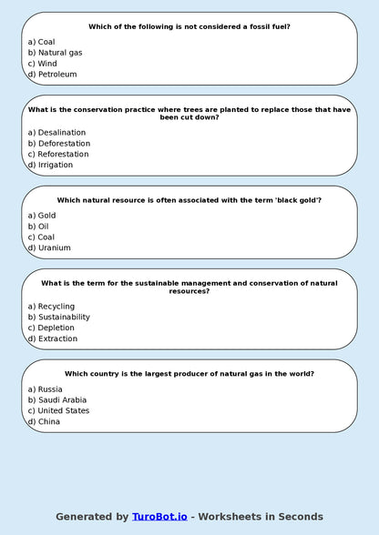 Year 7 Geography Multiple Choice Worksheet – Natural Resources